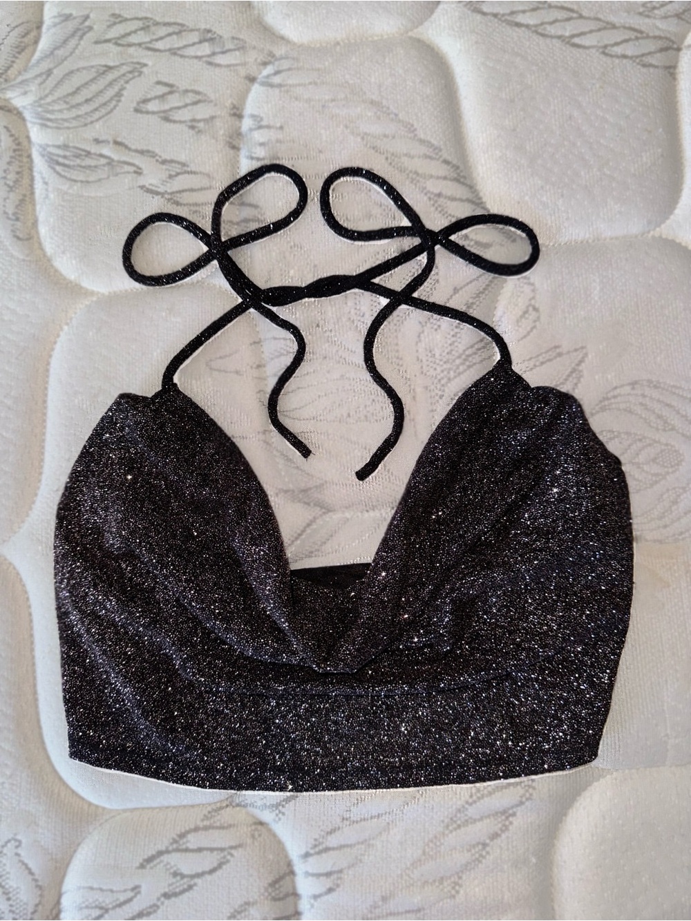 Lovely Day Black Glitter Tie-Back Halter Crop Top
